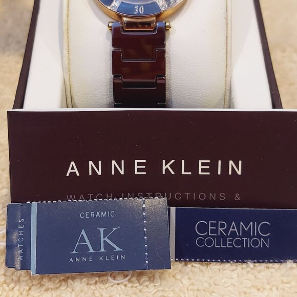NIB ANNE KLEIN ROSE GOLD TONE BROWN CERAMIC WATCH WITH SWAROVSKI CRYSTALS - Picture 13 of 15